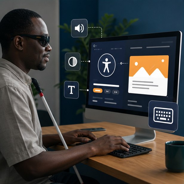Blind Kenyan computer user navigating an accessible website with screen-reader and keyboard support
