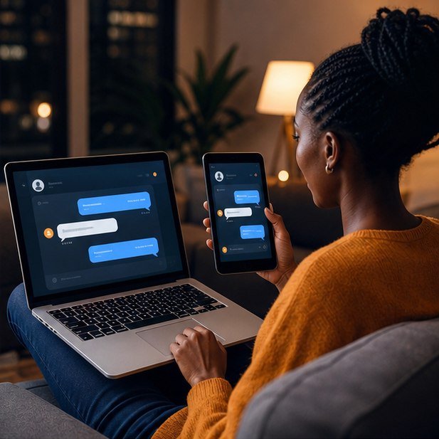 Customer using a calm AI-assisted website chat experience across laptop and phone