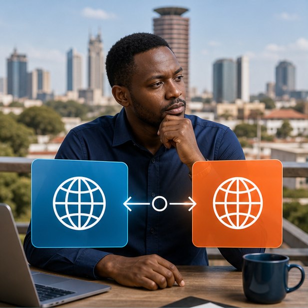 Kenyan founder choosing between local and global domain identities with Nairobi in the background