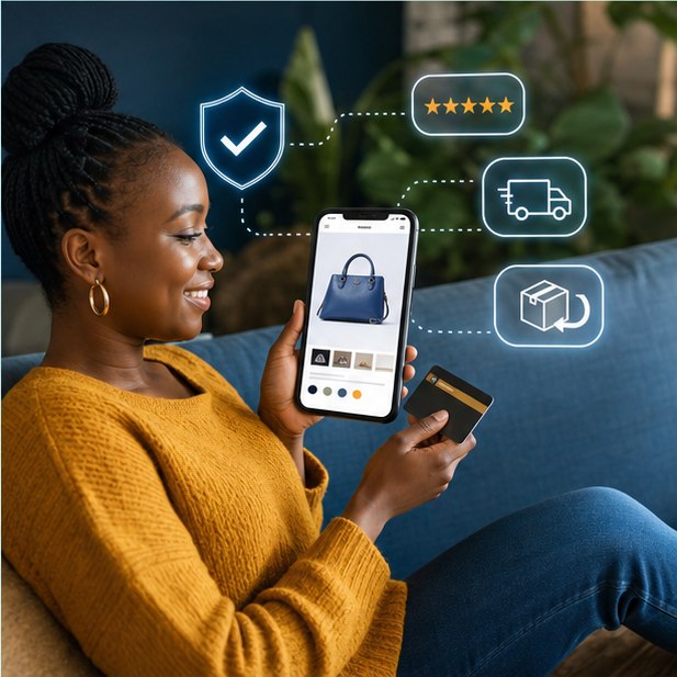 Kenyan online shopper reviewing secure checkout, reviews, delivery, and returns around a product page