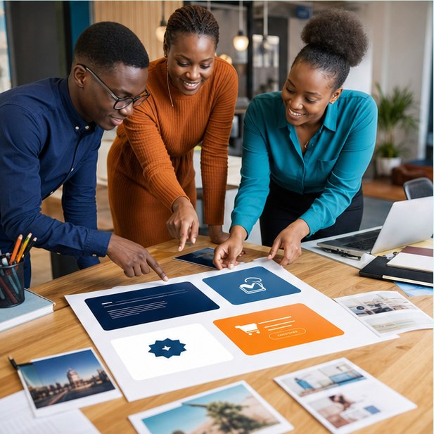 East African marketing team arranging offer, proof, and call-to-action cards for a landing page