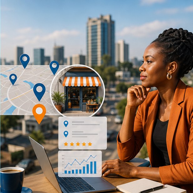 Nairobi entrepreneur planning local search visibility with map pins and a storefront