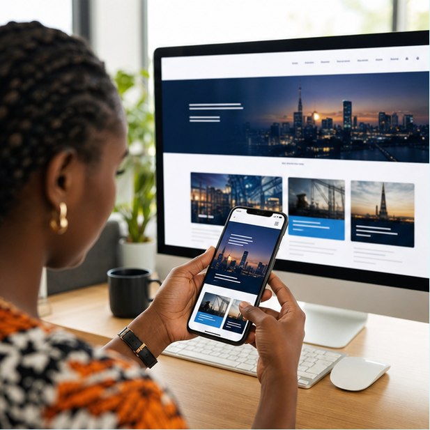 Kenyan customer browsing the same responsive business website on smartphone and desktop