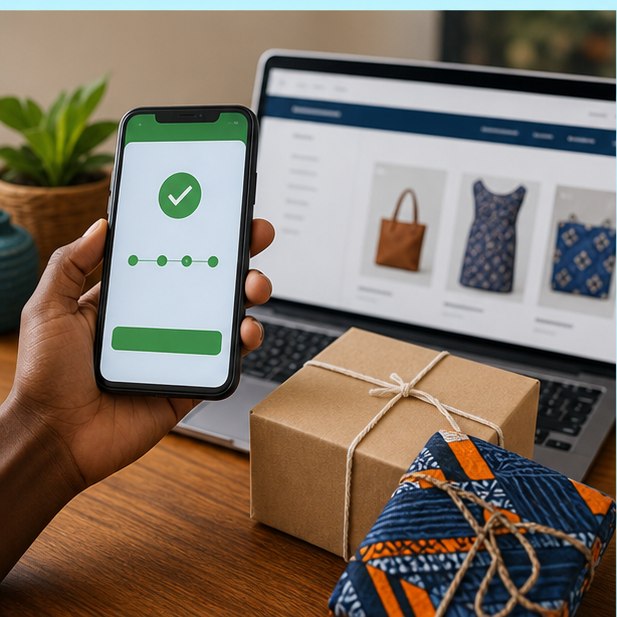 M-Pesa-style mobile checkout beside a Kenyan online shop order and delivery parcel