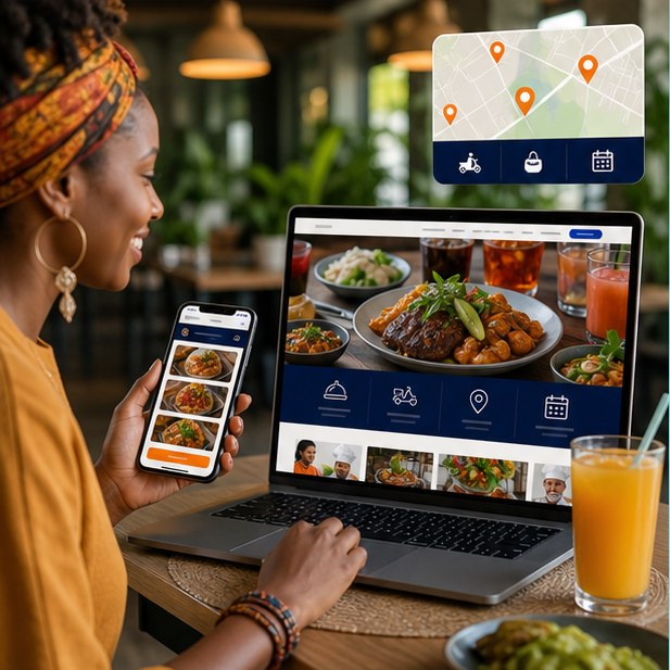 Nairobi restaurant owner using a mobile menu, booking, delivery, and map-enabled website