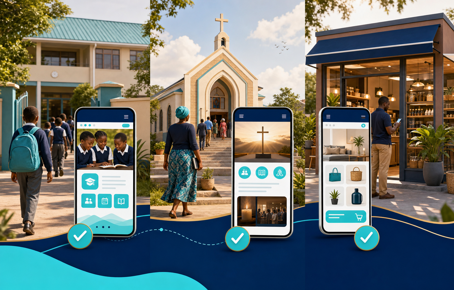 A school, church, and local shop shown with mobile-friendly website experiences