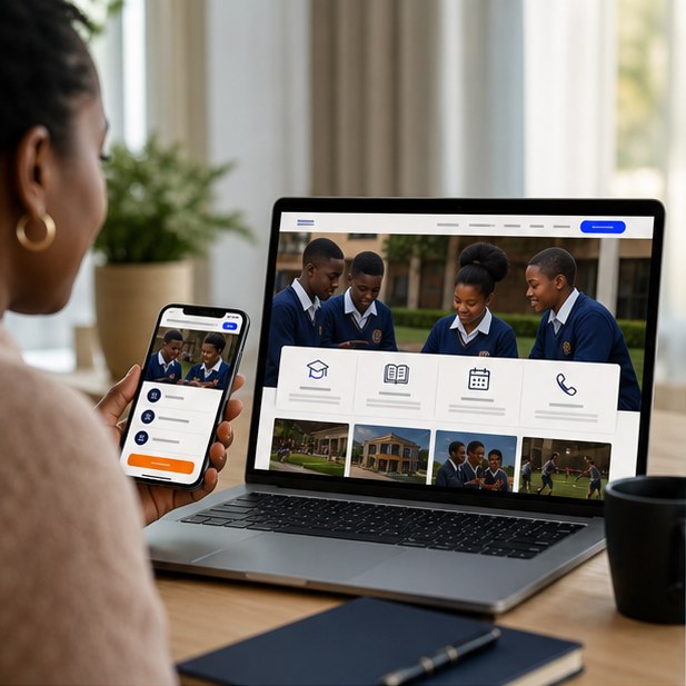 Parent comparing school admissions, programs, calendar, and contacts on phone and laptop