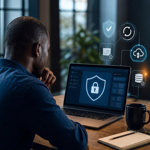 Kenyan business owner reviewing website security, backups, access, and update controls