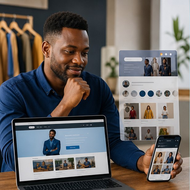 Kenyan business owner comparing a professional website with social media on a laptop and phone