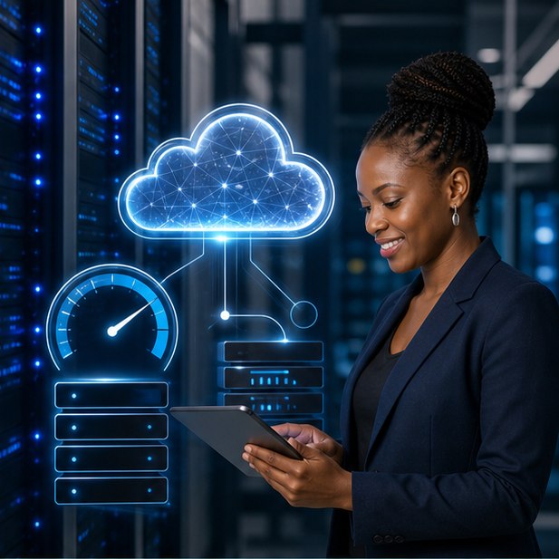 Kenyan technology professional reviewing secure cloud hosting, server capacity, and website performance