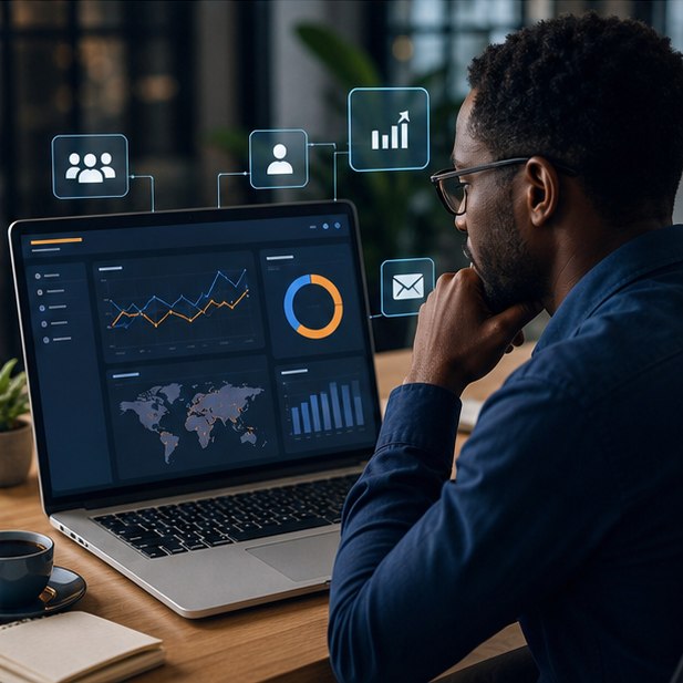 Kenyan founder reviewing website visitors, enquiries, and conversion trends on an analytics dashboard