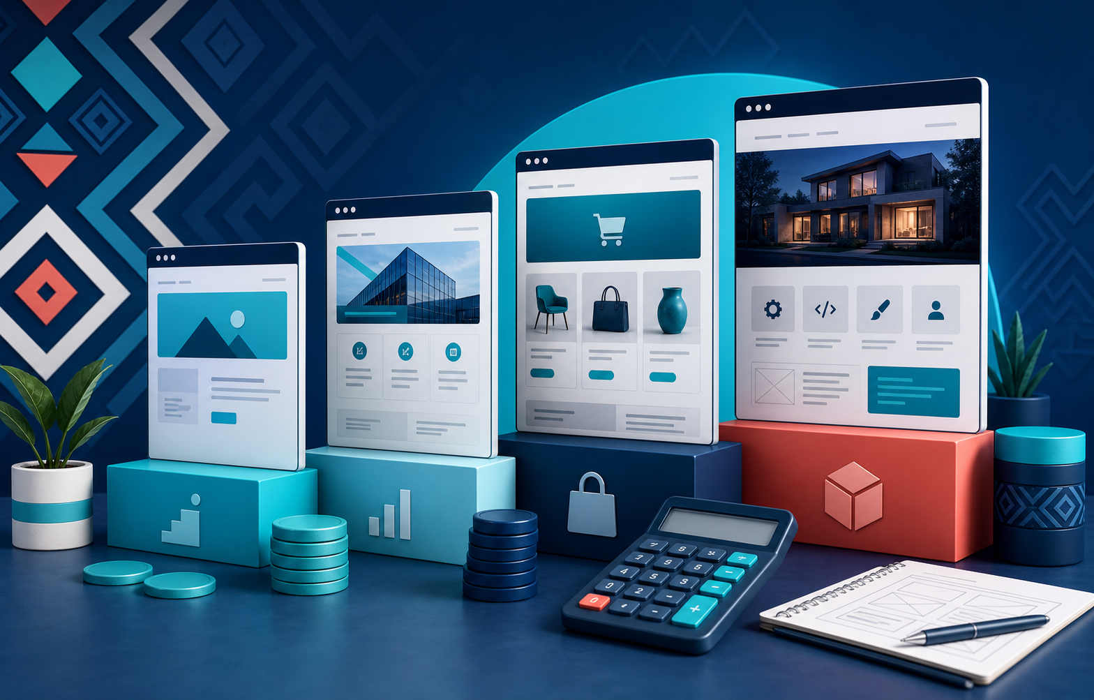 Website layouts, planning blocks, and a calculator illustrating website costs in Kenya
