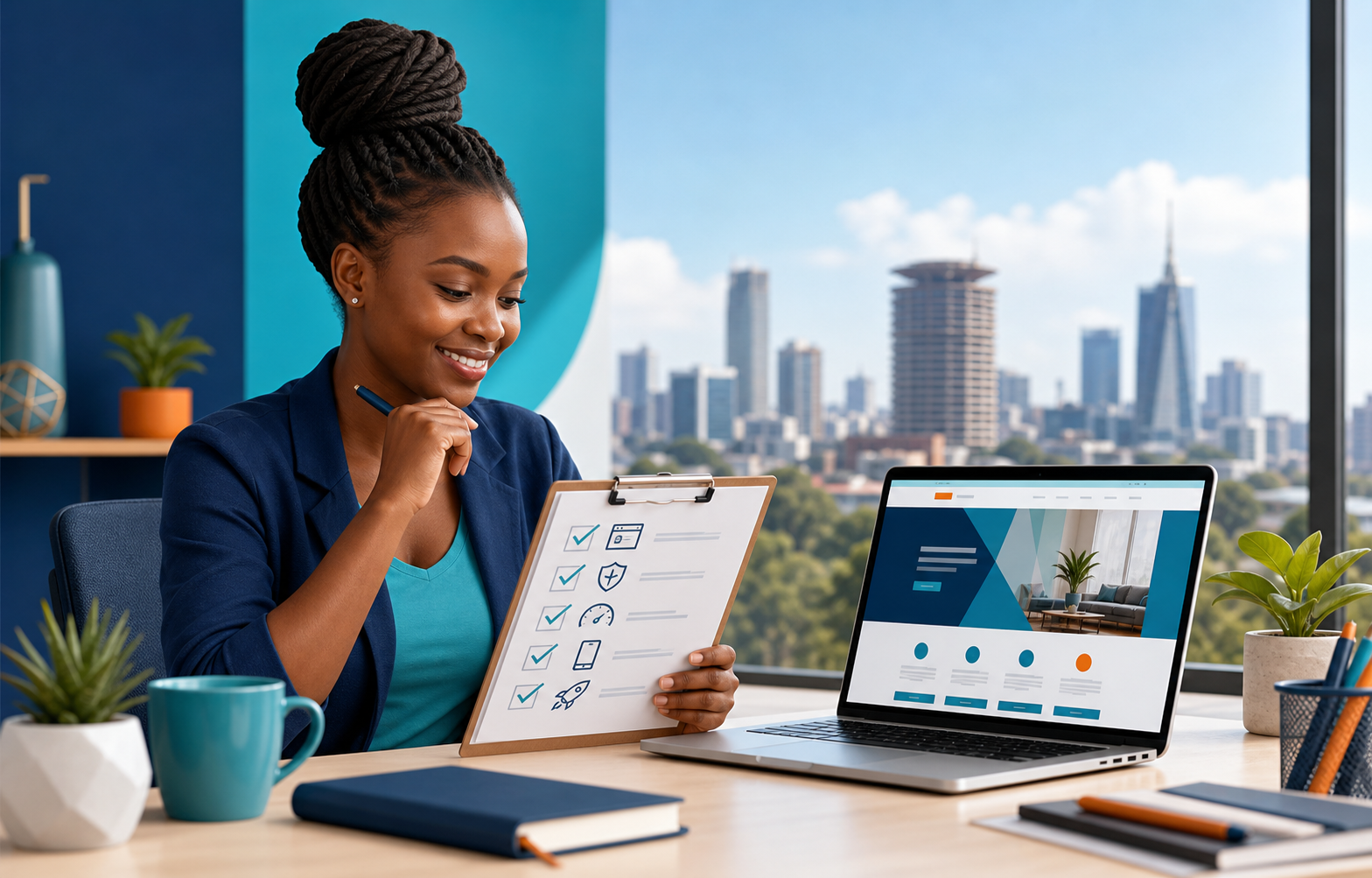 Kenyan business owner reviewing a website launch checklist beside a laptop