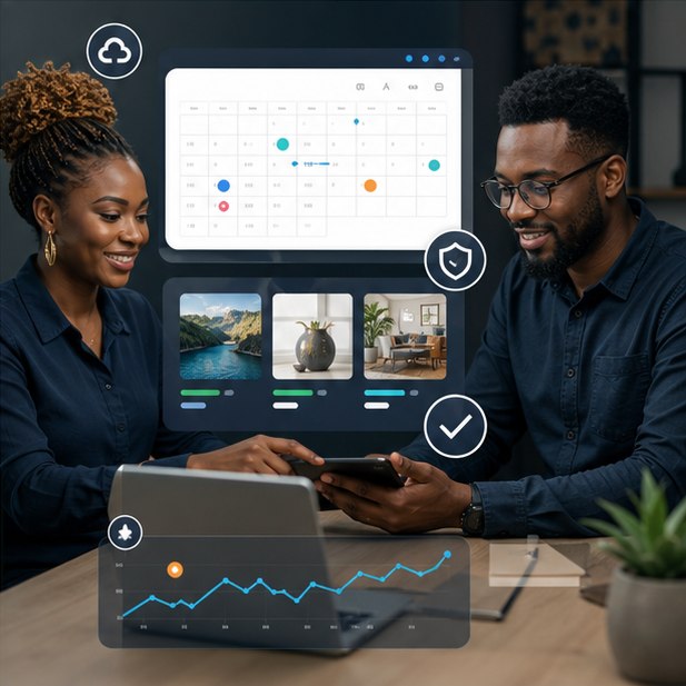 Business owner and developer reviewing updates, backups, uptime, security, and content on a maintenance calendar