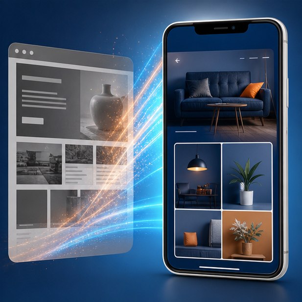 An outdated website interface transforming into a polished modern mobile-first design