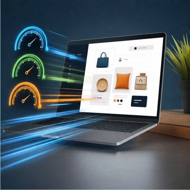 A fast-loading ecommerce website with performance gauges and motion trails