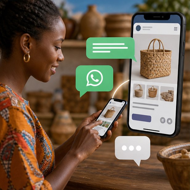Kenyan shop owner moving from a product page into a helpful mobile chat conversation