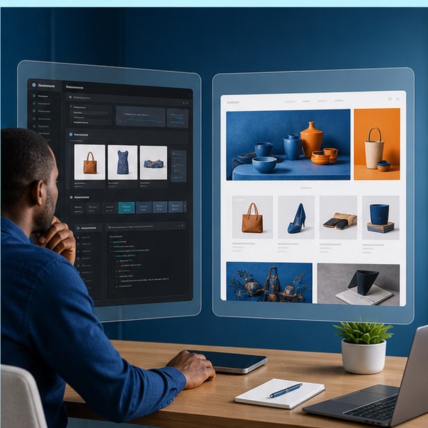 Kenyan shop owner comparing two different ecommerce administration and storefront approaches